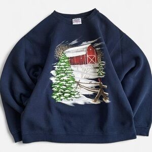 Vintage Pluma Navy Blue Country Red Barn Winter Scene Graphic Design Sweatshirt